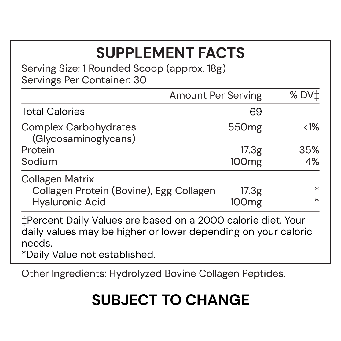 Collagen ECM - Supplement Facts G/25A - subject to change